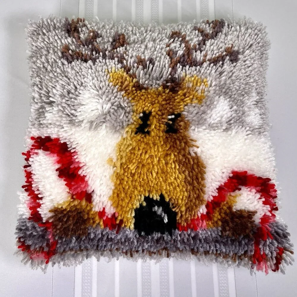 Vintage Latch Hook Shag Christmas Pillow Reindeer with Candy Canes Kitsch 16”